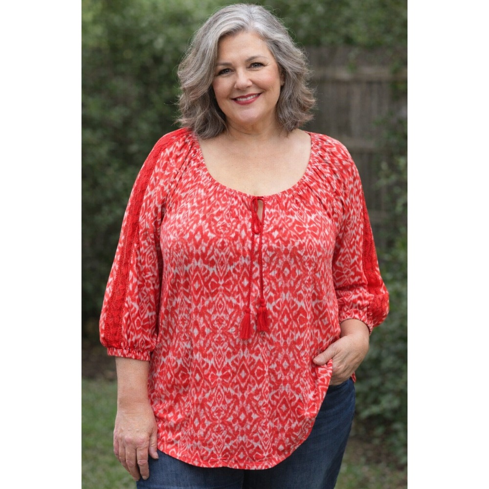 French Laundry Coral Ikat Peasant Top Size 2X Tassel Neck Boho Summer Light
